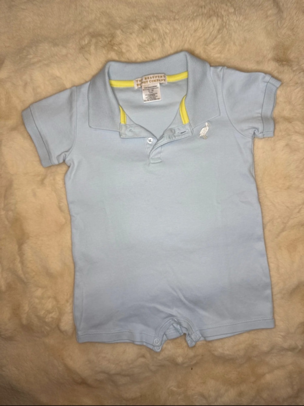 The Beaufort Bonnet Company Light Blue Polo Romper with Yellow Trim